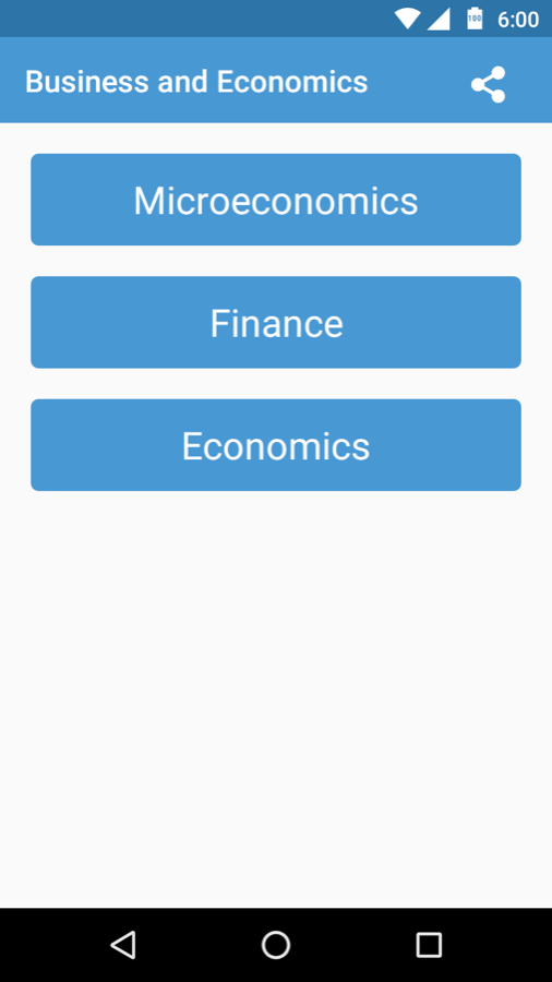 The home screen, offering Microeconomics, Finance and Economics