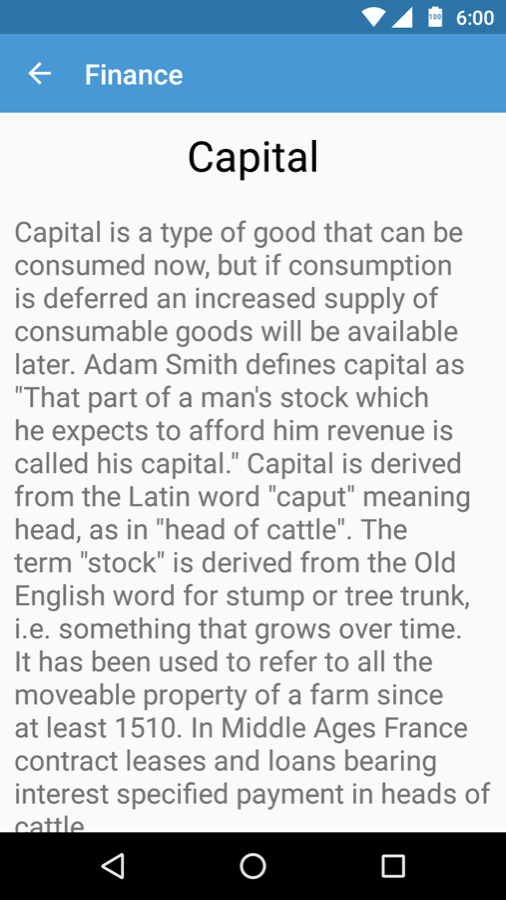 The entry for capital, explaining it as a good whose consumption is deferred, with Adam Smith's definition