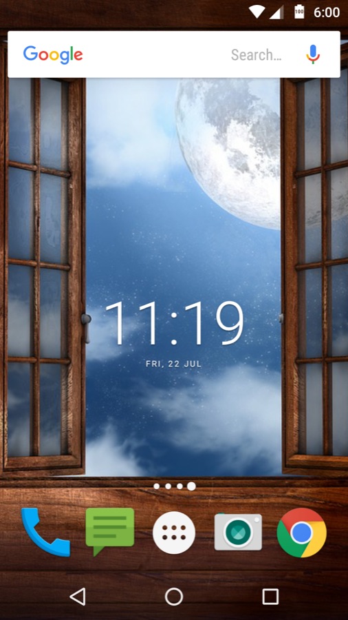 An open window onto a moonlit sky, as a wallpaper on an Android home screen