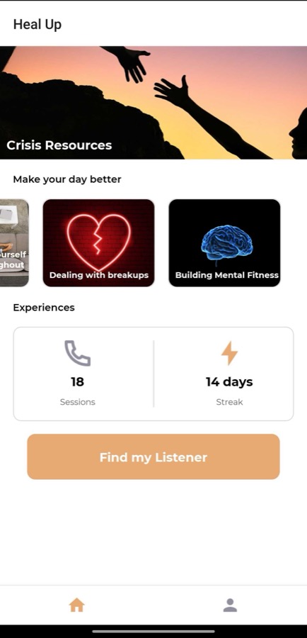 HealUp home, with crisis resources, wellbeing topics, a session streak and a Find my Listener button