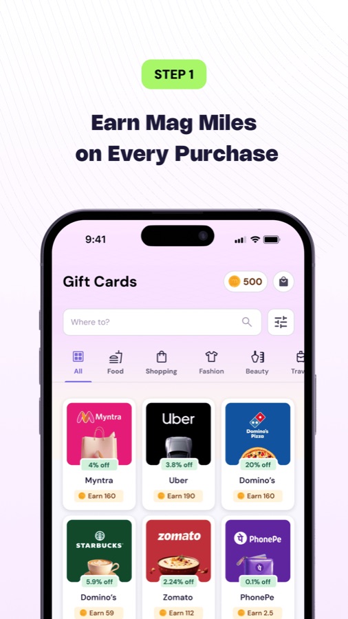 Step one, earning Mag Miles: a gift card store with Myntra, Uber, Domino's, Starbucks, Zomato and PhonePe, each showing a discount and the miles earned