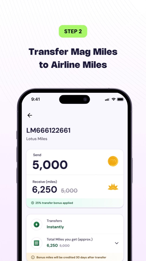 Step two, transferring Mag Miles to airline miles: sending 5,000 and receiving 6,250 Lotus Miles with a transfer bonus applied
