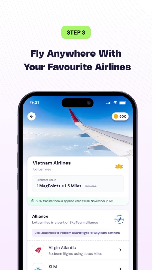 Step three, flying: the Vietnam Airlines Lotusmiles transfer rate, and SkyTeam partners including Virgin Atlantic and KLM
