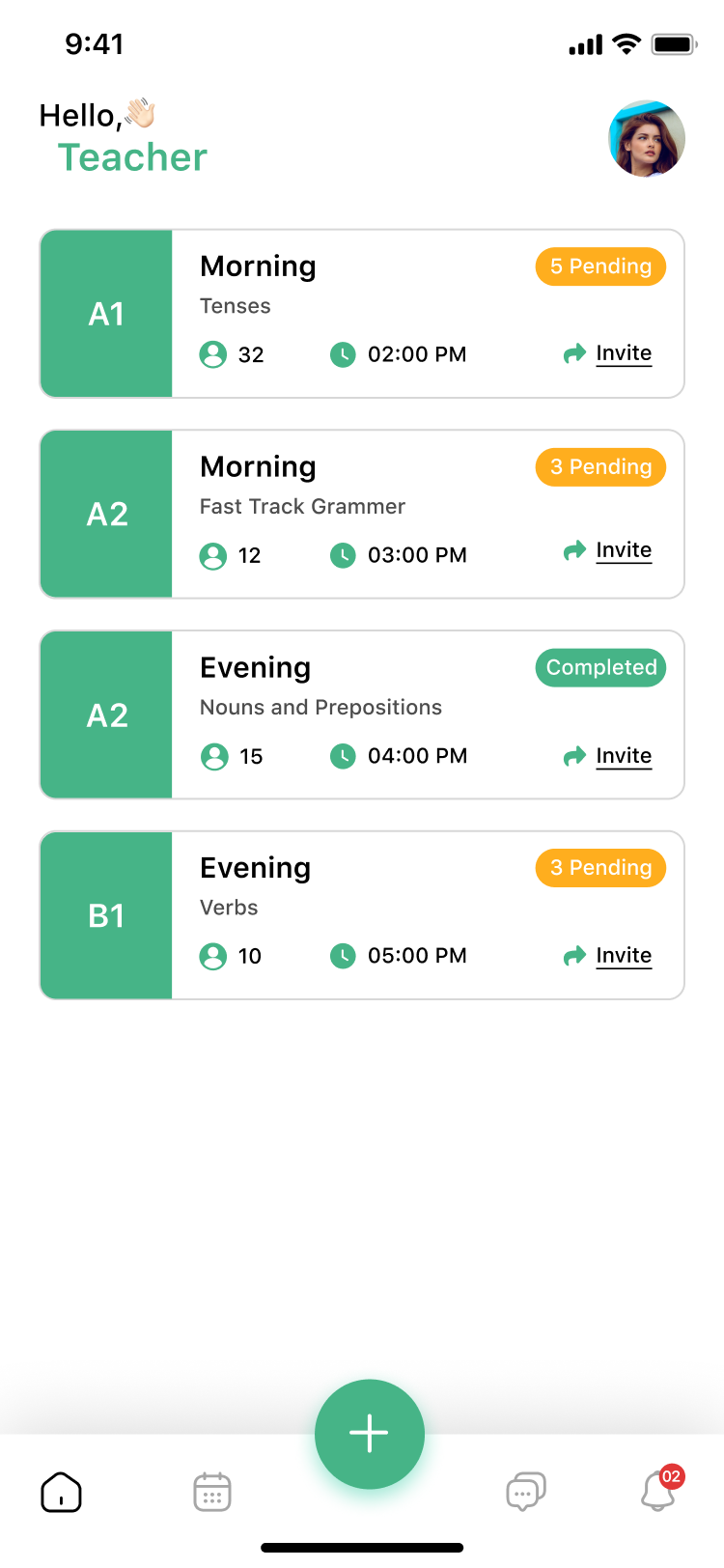 MioClass teacher home, listing today's batches with pending assignment counts