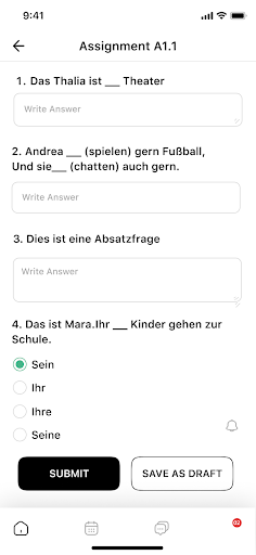 A student answering a German grammar assignment inside MioClass