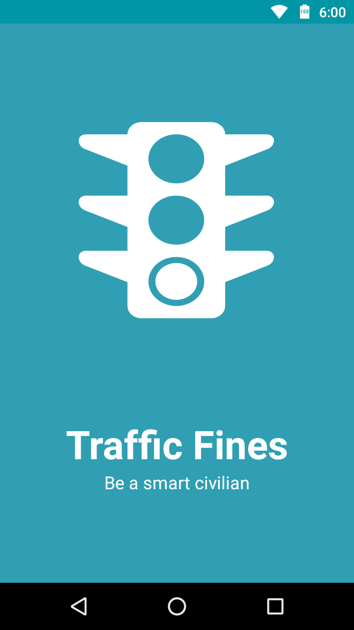 Road Traffic Fines splash screen: a traffic light above the words Be a smart civilian