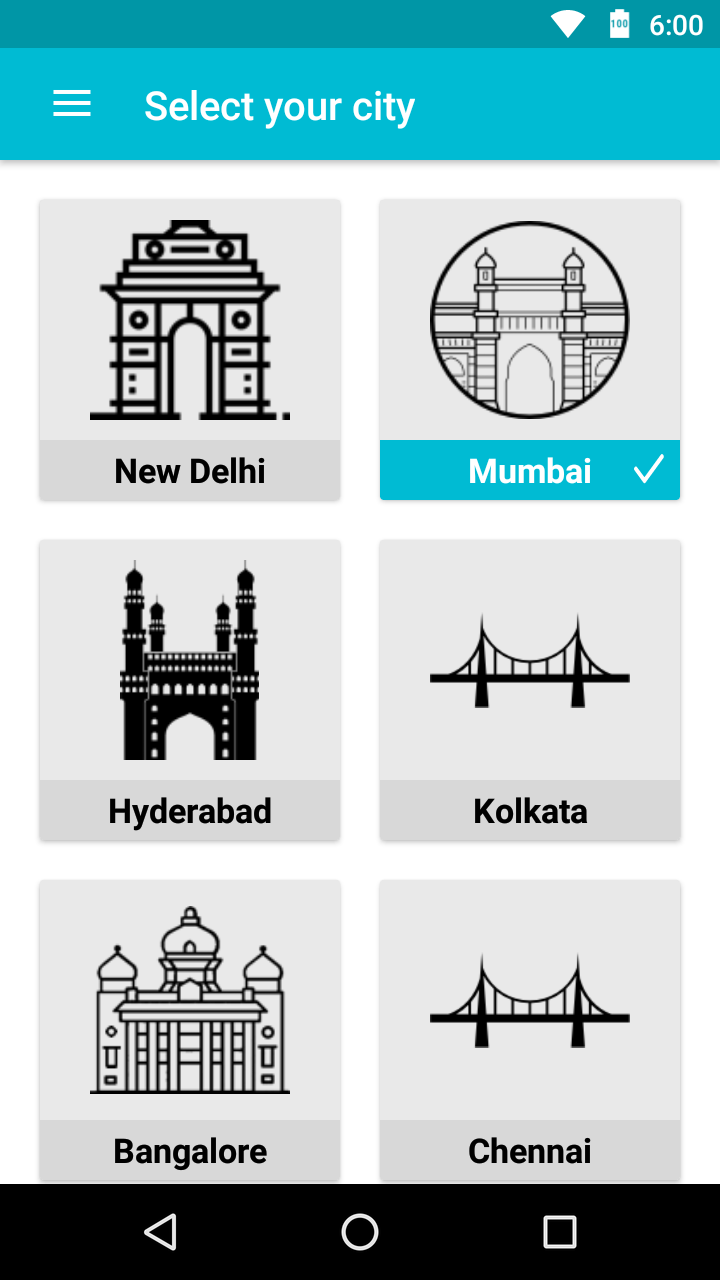 City picker showing New Delhi, Mumbai, Hyderabad, Kolkata, Bangalore and Chennai as landmark tiles