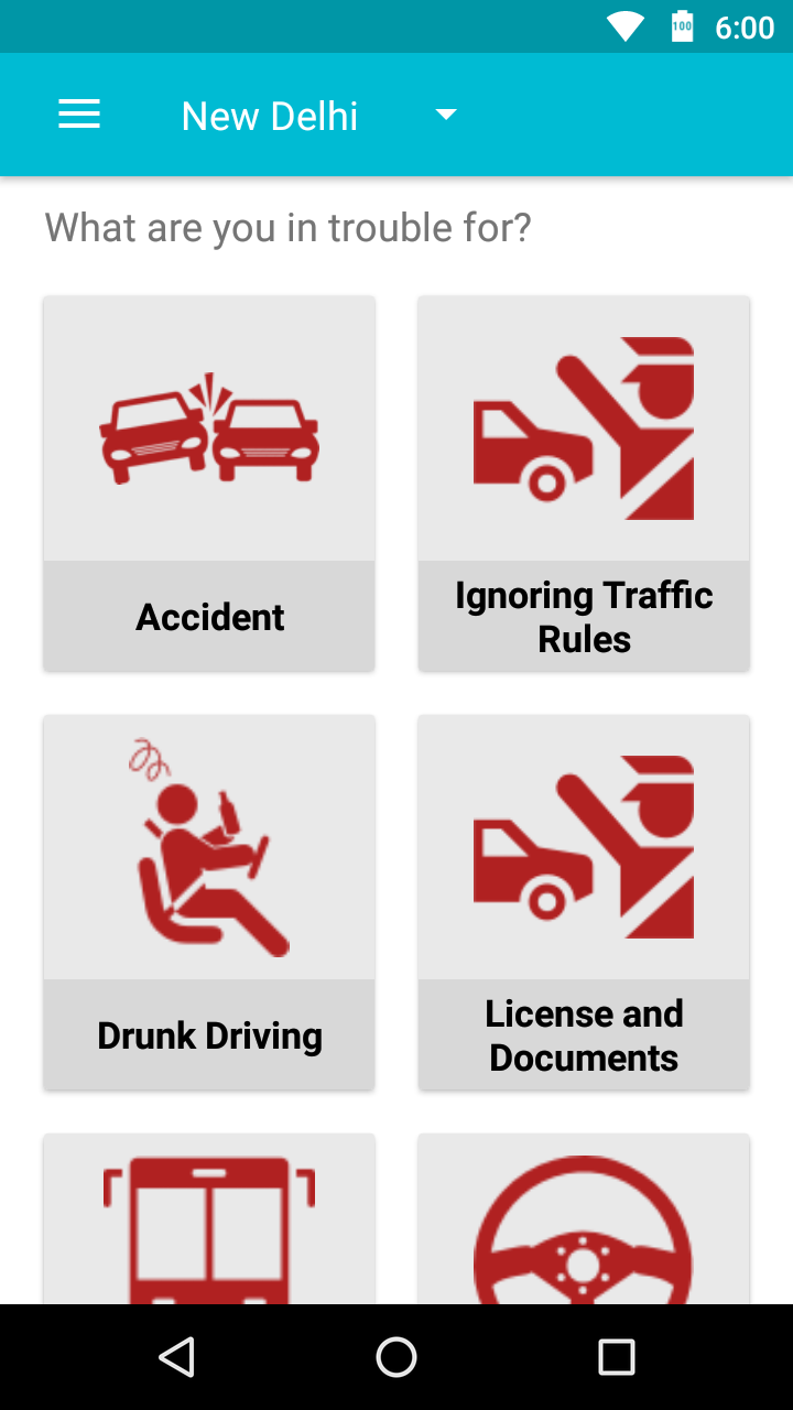Offence categories under the heading What are you in trouble for: accident, ignoring traffic rules, drunk driving, licence and documents