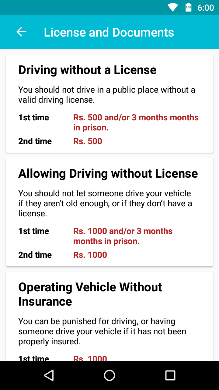 Licence and documents offences, each with its first-time and repeat fine amount